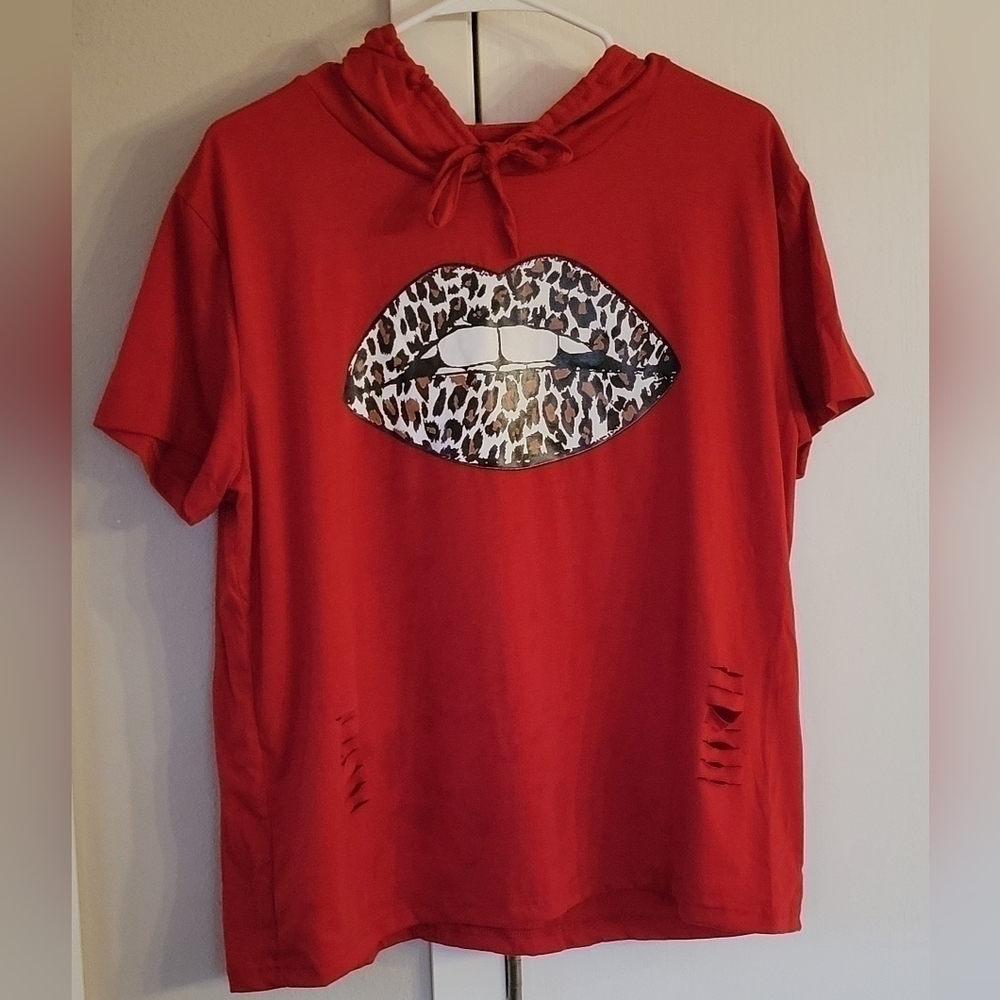 Red Leopard Cutout Lip Adjustable Drawcord Hoodie